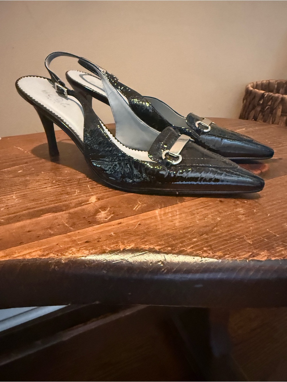 BCBG Black Patent Pointed Slingback Heels with Buckle Accent